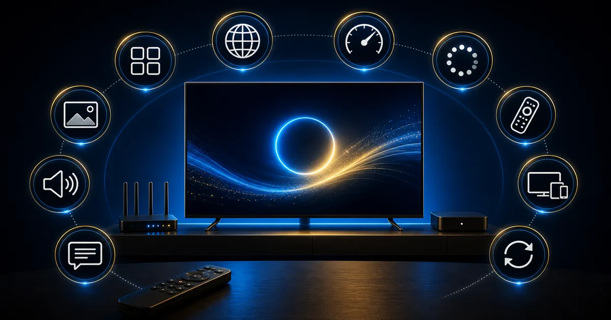 Television troubleshooting dashboard with ten numbered checks and a support symbol